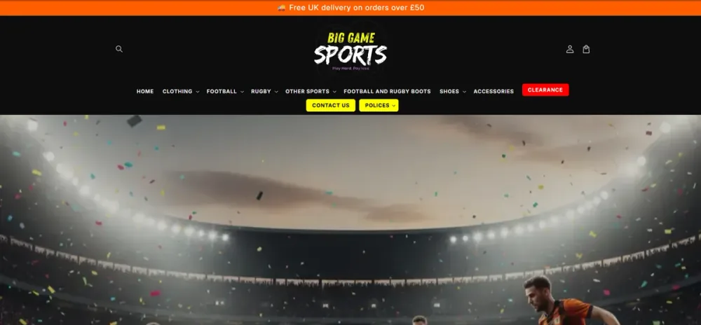 Big Game Sports athletics Shopify storefront with live-inventory feeds and custom checkout — $850K MRR built by Digital Heroes Shopify developers
