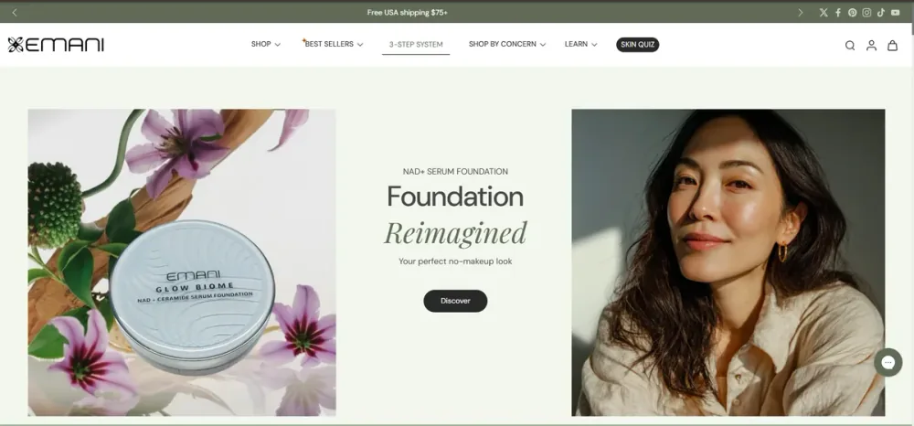 Emani Cosmetics clean-beauty Shopify Plus storefront homepage built by Digital Heroes Shopify developers — $2M MRR DTC brand