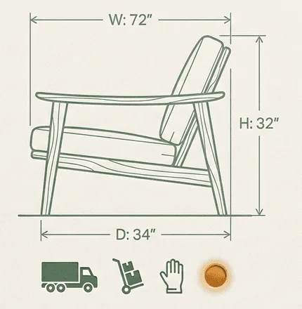 Line drawing of an armchair marked 72 inches wide, 32 high and 34 deep, above truck, dolly and glove icons for the three delivery stages