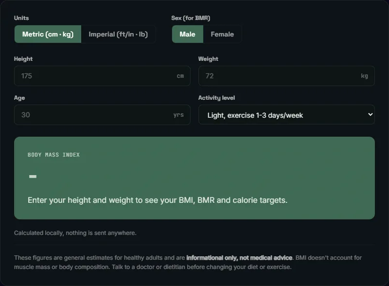 Digital Heroes BMI and calorie calculator with empty height, weight and age inputs, calculated in the browser