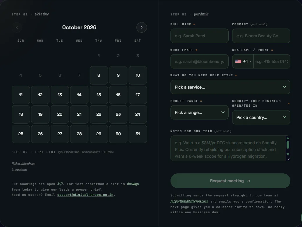 Digital Heroes booking page with an October calendar and an empty request form