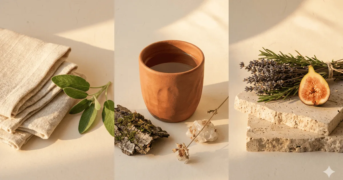 Three still-life panels on cream paper: folded linen with sage leaves, a terracotta cup beside bark and quartz, and travertine slabs holding lavender, rosemary and a halved fig.