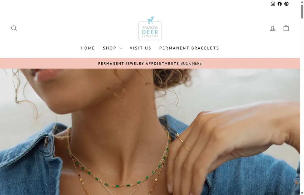 Amanda Deer Jewelry Shopify homepage, an Austin handmade-jewelry brand we admire (not a Digital Heroes client)