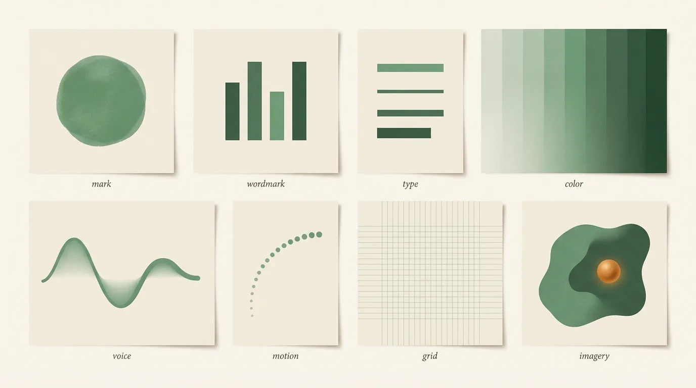 Eight editorial tiles illustrating the components of a brand identity design system: mark, wordmark, type, colour, voice, motion, grid, and imagery