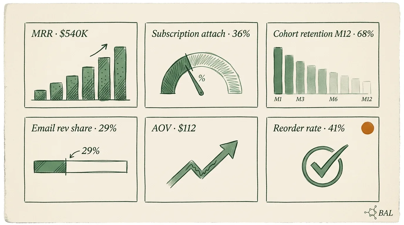 Baltimore biotech-wellness archetype metrics dashboard — $540K MRR / 4.5x growth with subscription attach, cohort retention, email revenue, AOV, reorder rate tiles