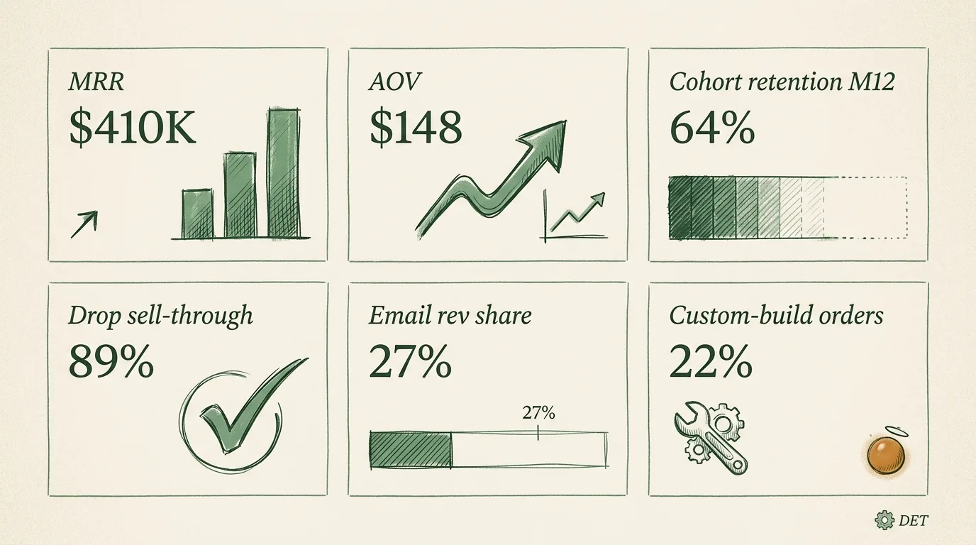 Detroit motor city heritage archetype metrics dashboard — $410K MRR / 5.1x growth with AOV, cohort retention, drop sell-through, email, custom-build tiles