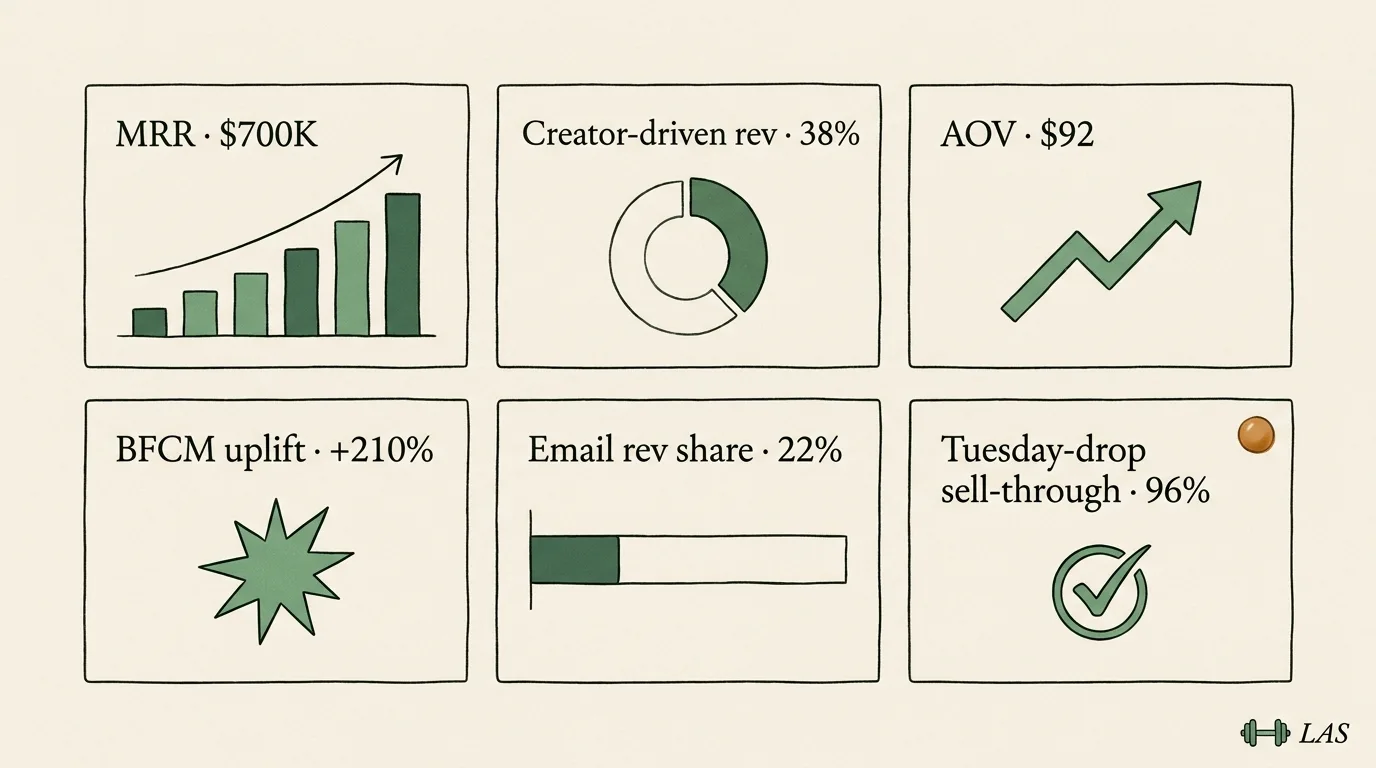 Las Vegas lifestyle DTC archetype metrics dashboard — $700K MRR / 4.7x growth with creator revenue, AOV, BFCM uplift, email, Tuesday-drop sell-through tiles