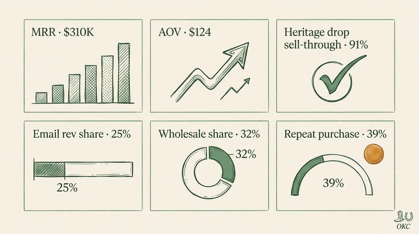 OKC heritage ranchwear archetype metrics dashboard — $310K MRR / 5.2x growth with AOV, heritage drop sell-through, email, wholesale share, repeat purchase tiles