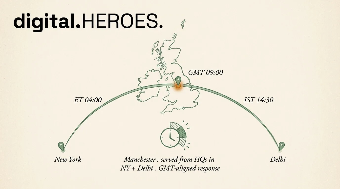 UK map with Manchester pin connected by timezone overlap arcs to New York and Delhi HQ pins — Digital Heroes GMT-aligned remote coverage map for Manchester clients