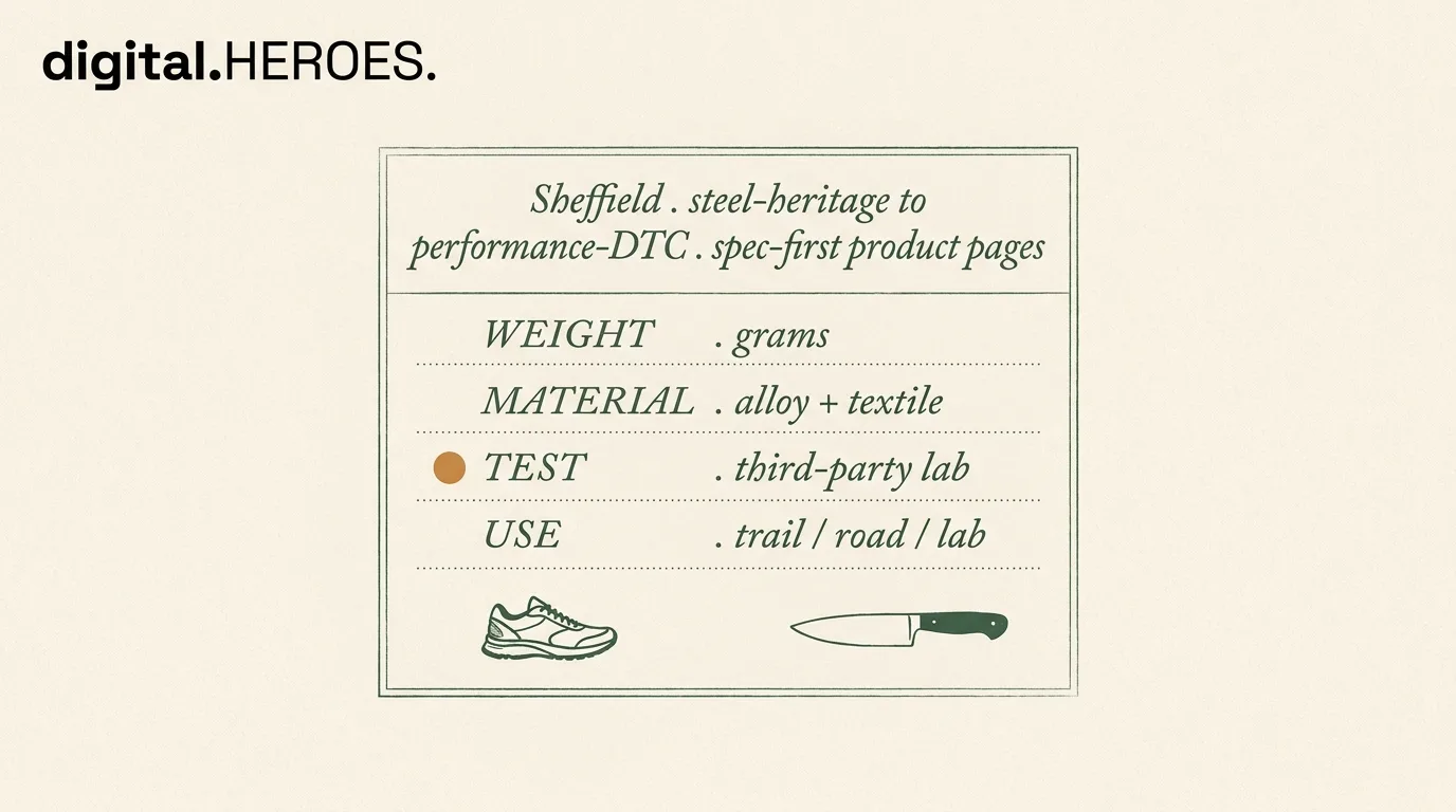 Performance-spec ledger diagram with weight, material, test, and use rows beside running-shoe and knife-blade silhouettes — Digital Heroes spec-first ecommerce framework for Sheffield brands