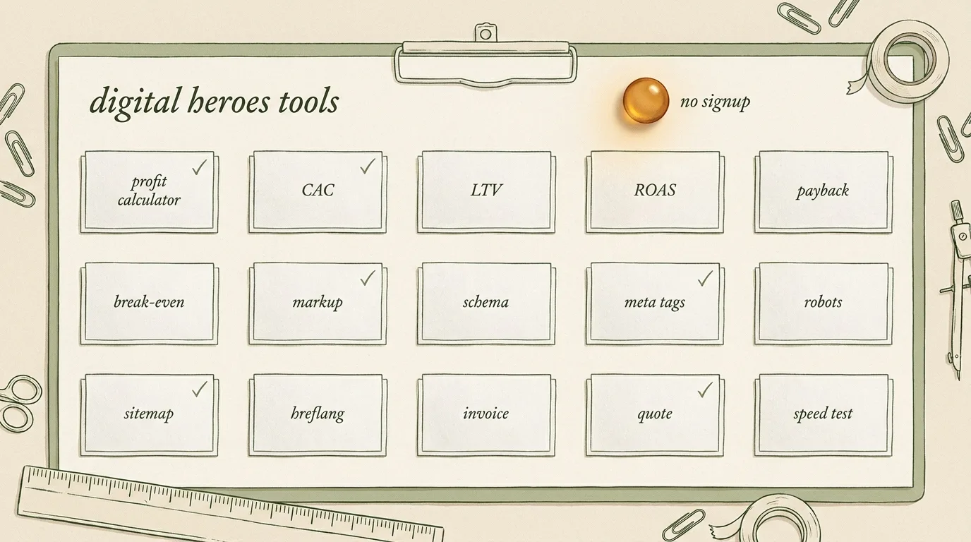 Editorial operator's workbench flat-lay showing all Digital Heroes tools arranged as hand-drawn labeled cards on cream paper, moss-green ink, single amber accent