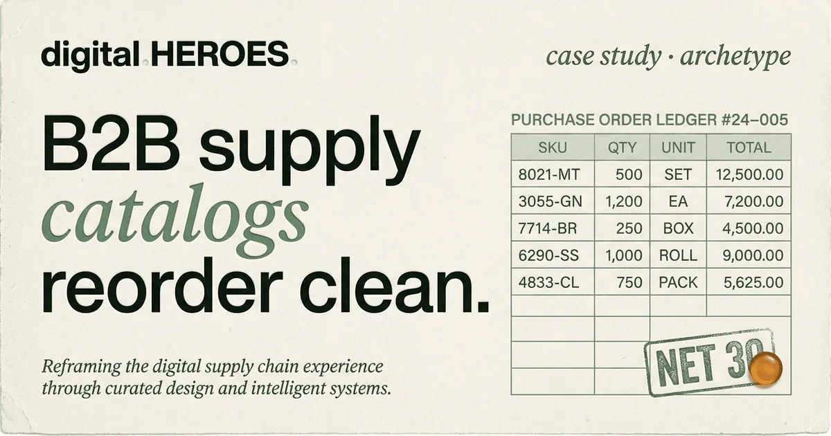 B2B industrial supplier archetype — purchase-order ledger with NET-30 stamp showing the Magento-to-Shopify-Plus migration pattern Digital Heroes built