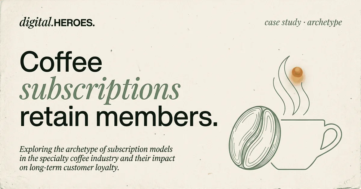Craft coffee roaster archetype — split bean and cup silhouette showing the 65% six-month subscription retention pattern Digital Heroes built on Shopify Plus