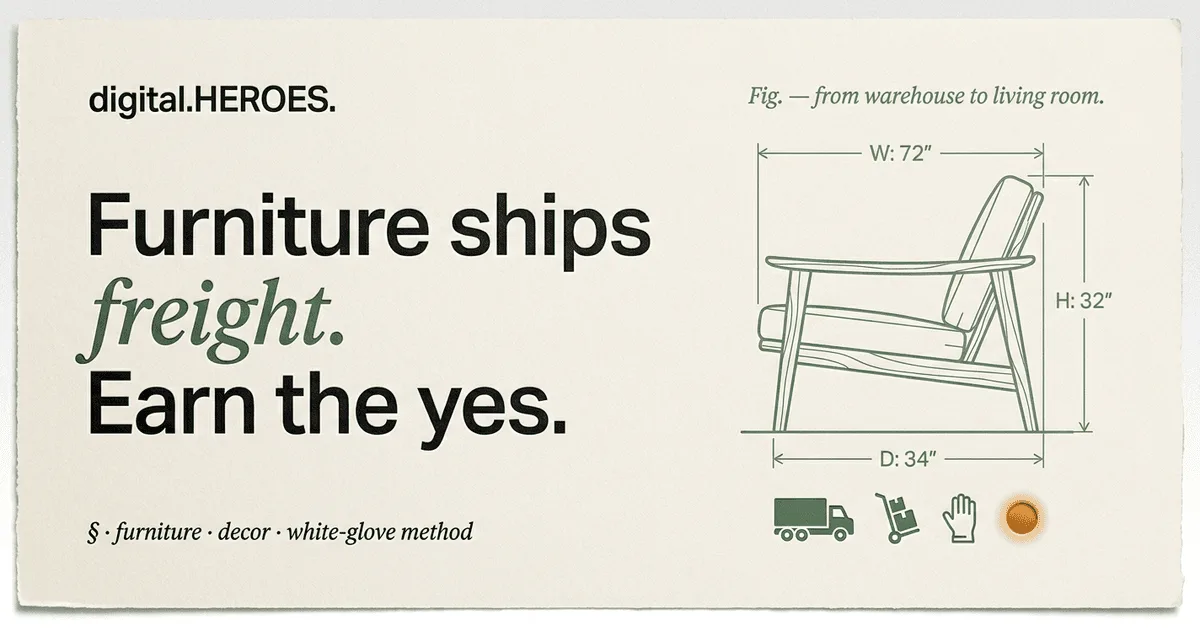 Editorial orthographic chair diagram illustrating dimensions and three freight stages (truck, dolly, glove) handled by a furniture ecommerce agency for LTL and white-glove delivery.