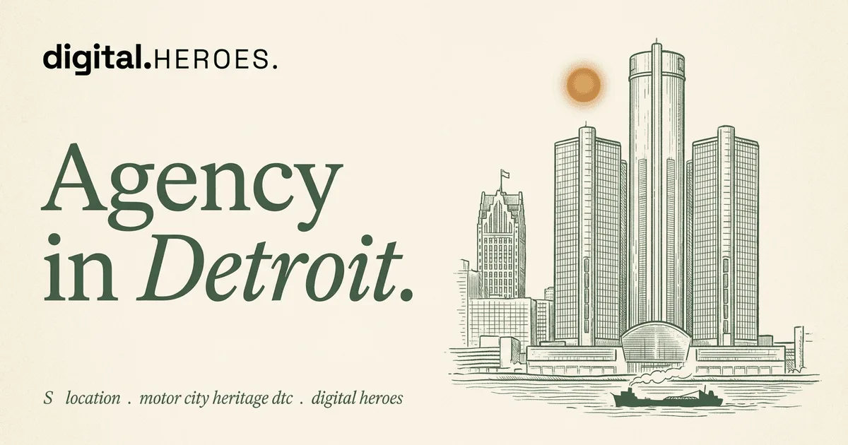 Renaissance Center and Penobscot Building over the Detroit River — Digital Heroes Shopify development for Detroit clients