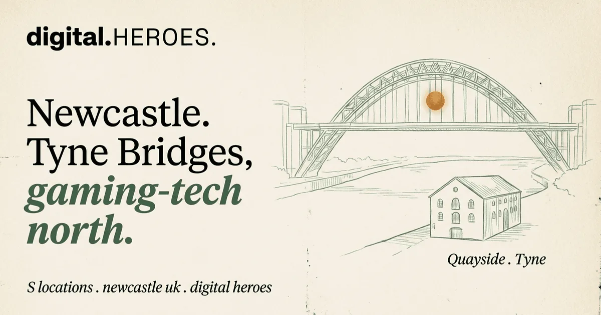 Tyne Bridge green-arch silhouette over the river with a Quayside warehouse below — Digital Heroes Shopify development for Newcastle clients