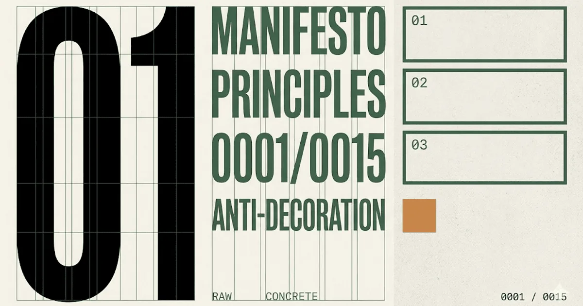 Brutalist editorial composition: massive 01 numeral, stacked manifesto typography in moss-green caps, three numbered content blocks with amber accent square.