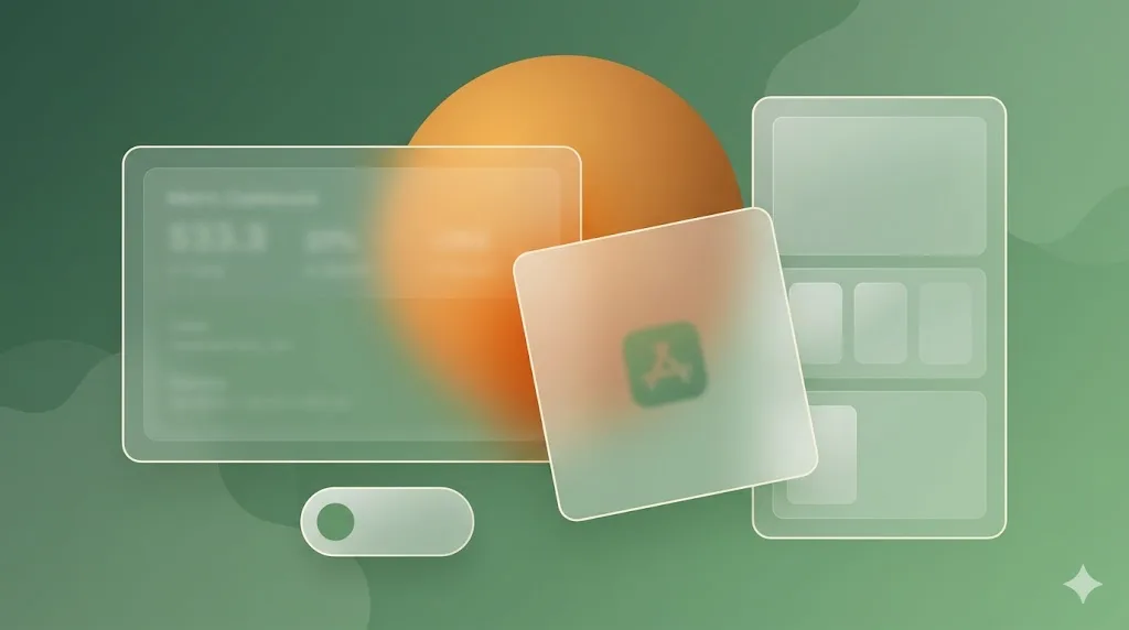Layered glassmorphism composition: amber sphere blooming through three frosted moss-tinted cards plus pill element, over moss-green gradient mesh background.