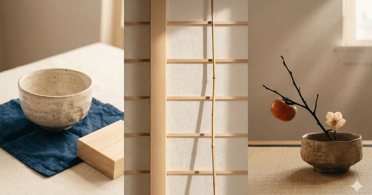 Three Japandi zones spanning the canvas: hand-thrown speckled ceramic bowl on indigo-dyed linen with hinoki wood block, vertical shoji-screen panel catching window light, ikebana arrangement with persimmon and cream blossom on tatami — hero for Japandi web design teaching wabi-sabi imperfection plus Scandinavian restraint.