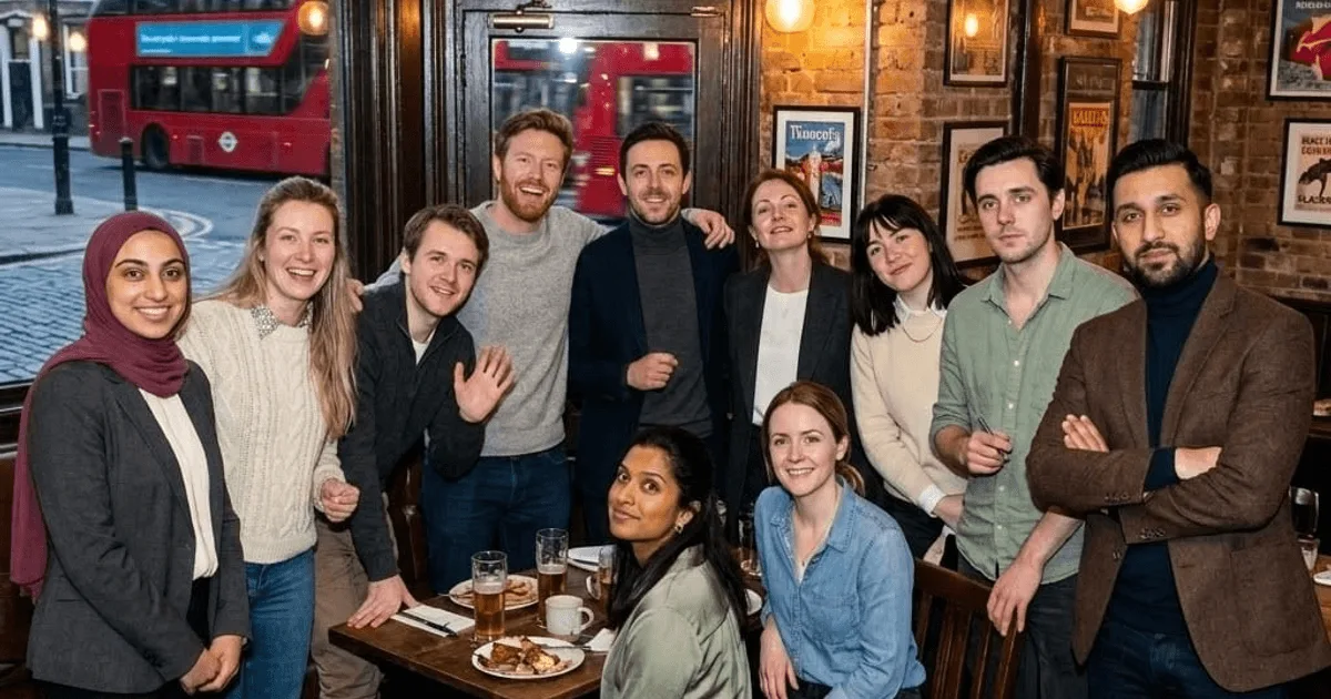 Digital Heroes London team at a Shoreditch pub with a red double-decker bus through the window