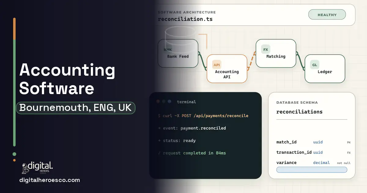 Accounting Software architecture and database illustration for Bournemouth, ENG, UK.