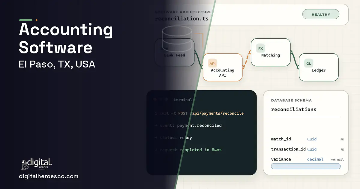 Accounting Software architecture and database illustration for El Paso, TX, USA.