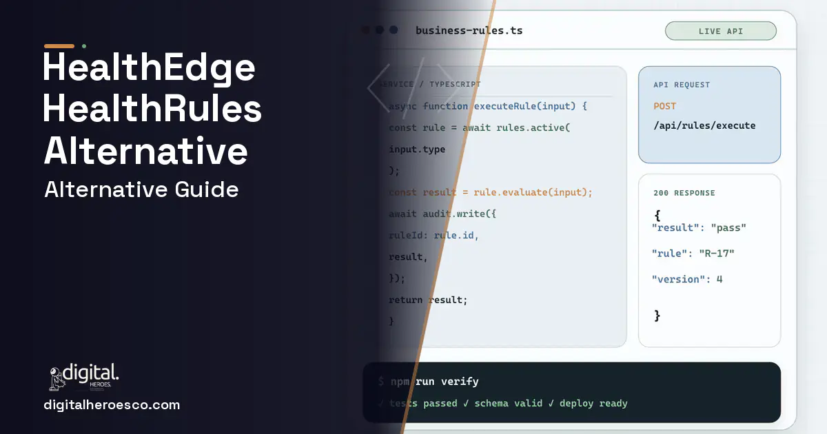Custom Software Development code editor and API illustration for Healthedge Healthrules Payer Alternative.