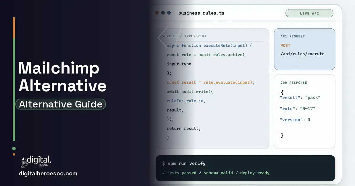 Custom Software Development code editor and API illustration for Mailchimp Alternative.