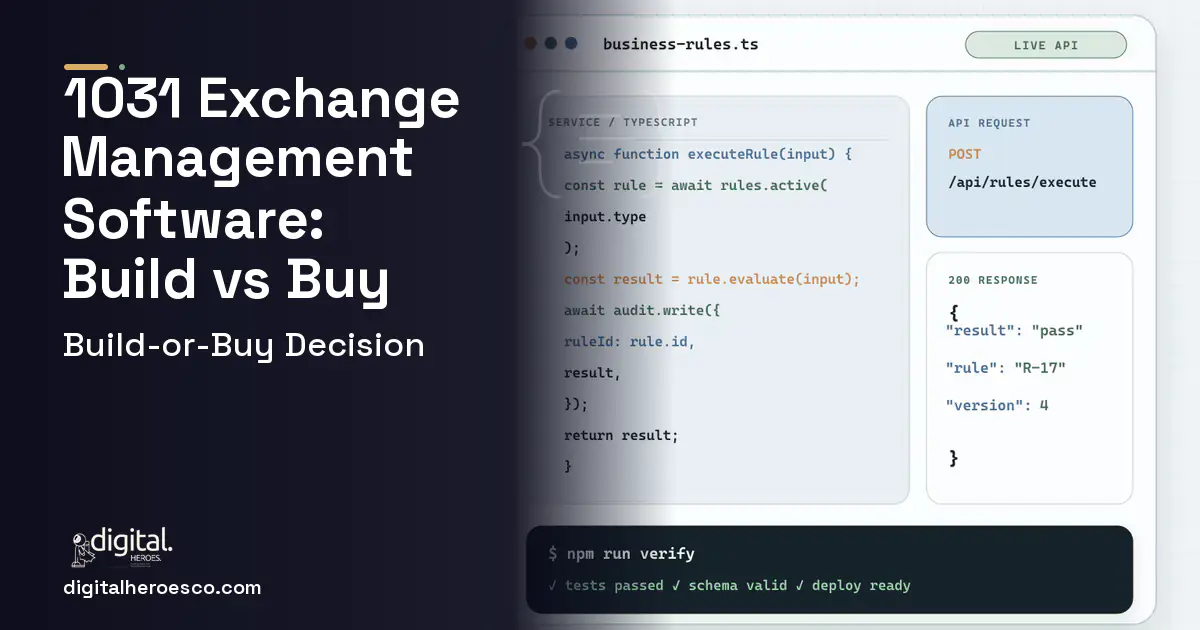 Custom Software Development code editor and API illustration for 1031 Exchange Management Software Build vs Buy Guide.
