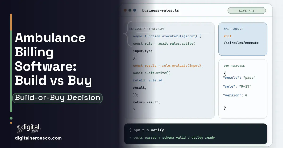 Custom Software Development code editor and API illustration for Ambulance Billing Software Build vs Buy Guide.