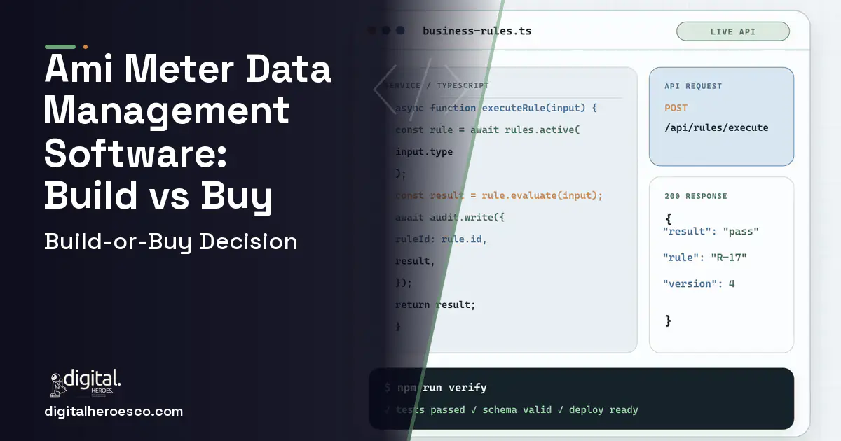 Custom Software Development code editor and API illustration for AMI Meter Data Management Software Build vs Buy Guide.