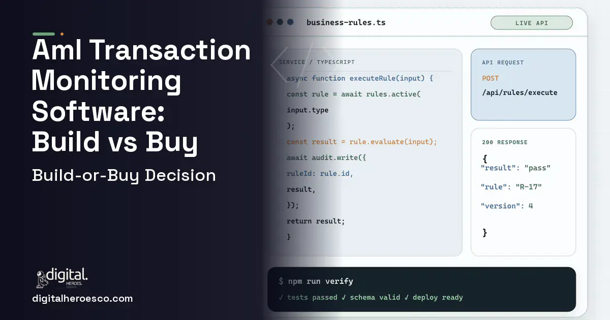 Custom Software Development code editor and API illustration for AML Transaction Monitoring Software Build vs Buy Guide.