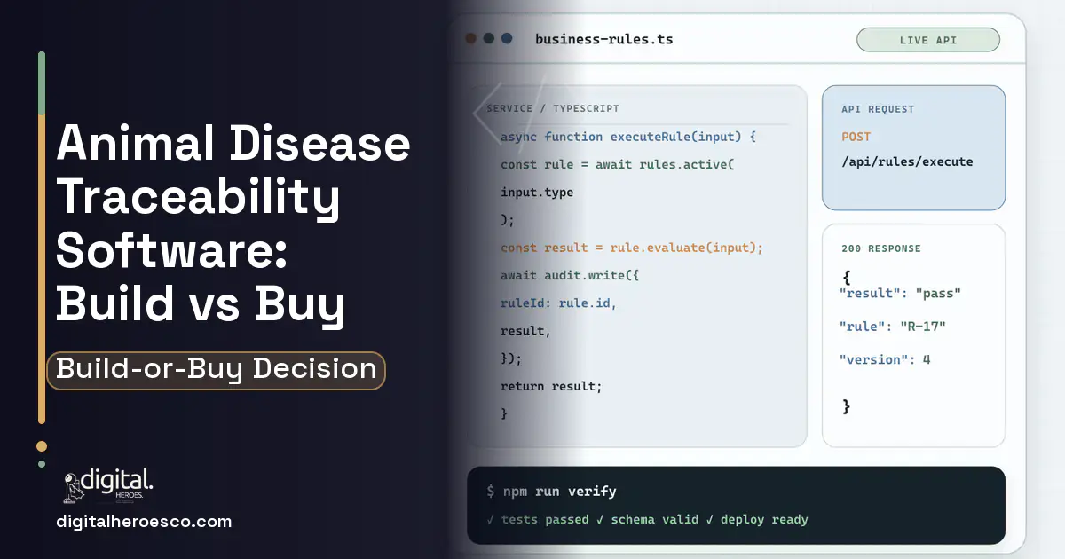 Custom software code editor and API illustration for Animal Disease Traceability Software Build vs Buy Guide.