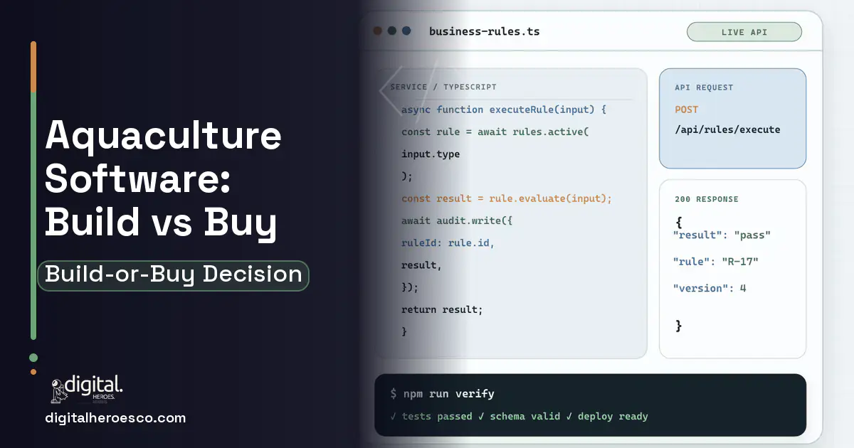 Custom Software Development code editor and API illustration for Aquaculture Software Build vs Buy Guide.