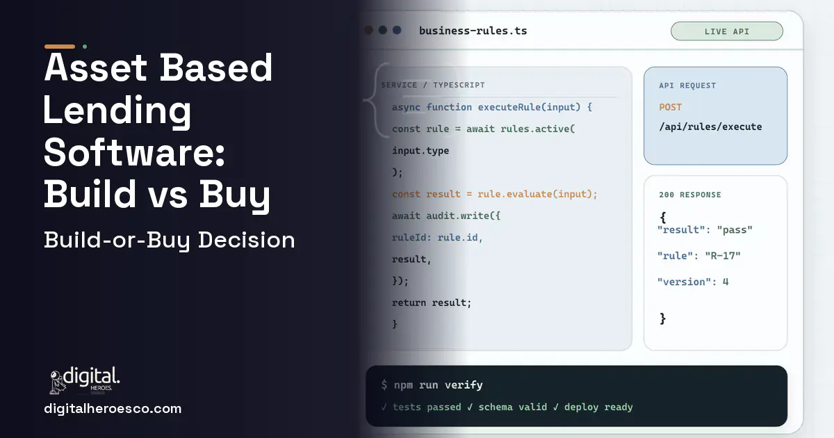 Custom Software Development code editor and API illustration for Asset Based Lending Software Build vs Buy Guide.
