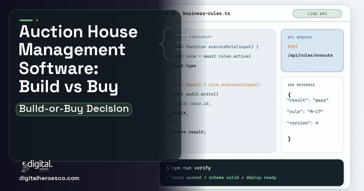 Custom Software Development code editor and API illustration for Auction House Management Software Build vs Buy Guide.