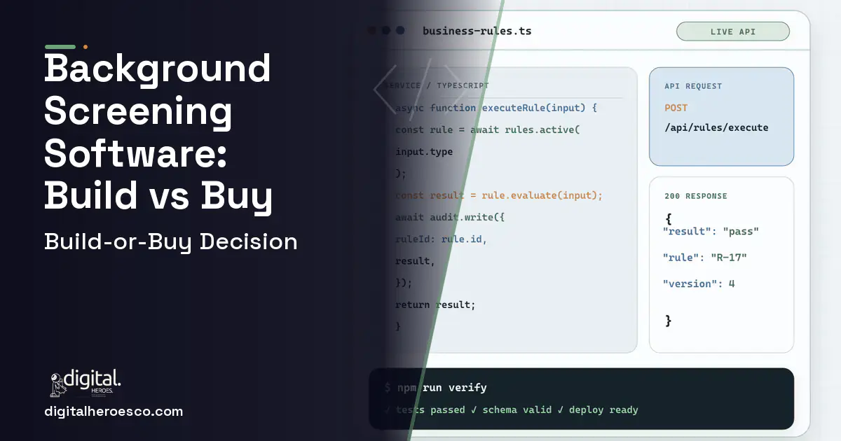 Custom Software Development code editor and API illustration for Background Screening Software Build vs Buy Guide.