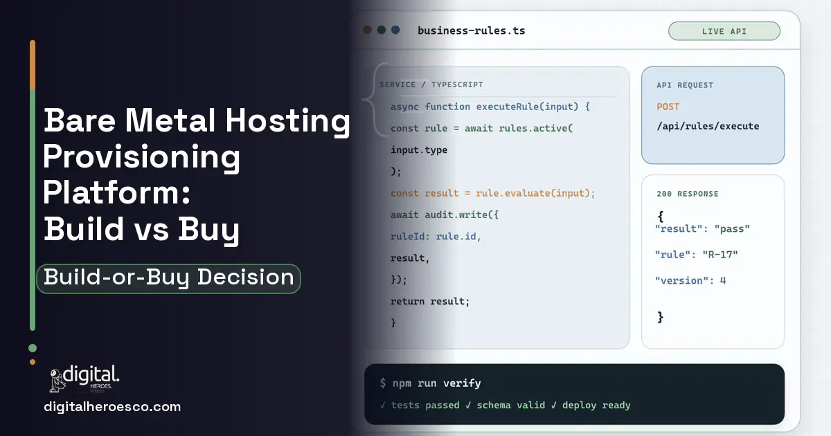 Custom software code editor and API illustration for Bare Metal Hosting Provisioning Platform Build vs Buy Guide.