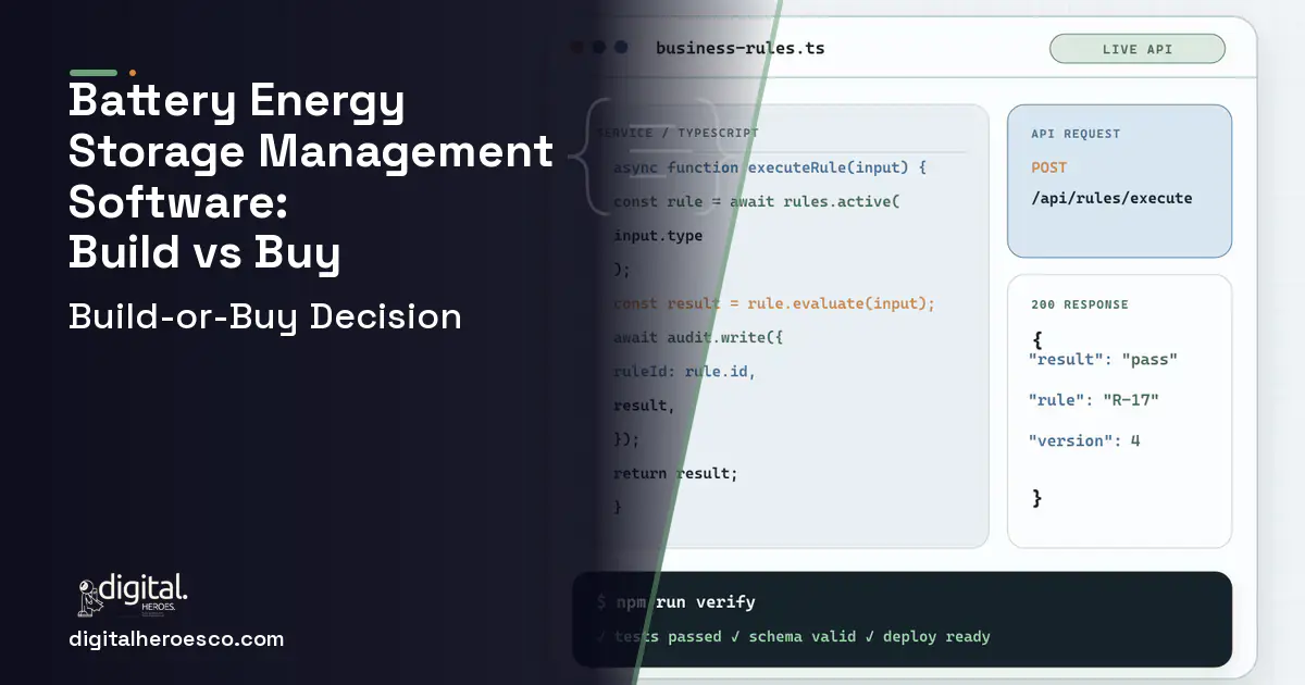 Custom software code editor and API illustration for Battery Energy Storage Management Software Build vs Buy Guide.