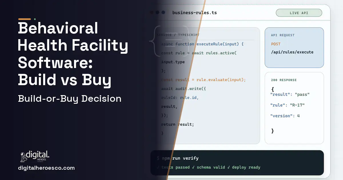 Custom Software Development code editor and API illustration for Behavioral Health Facility Software Build vs Buy Guide.