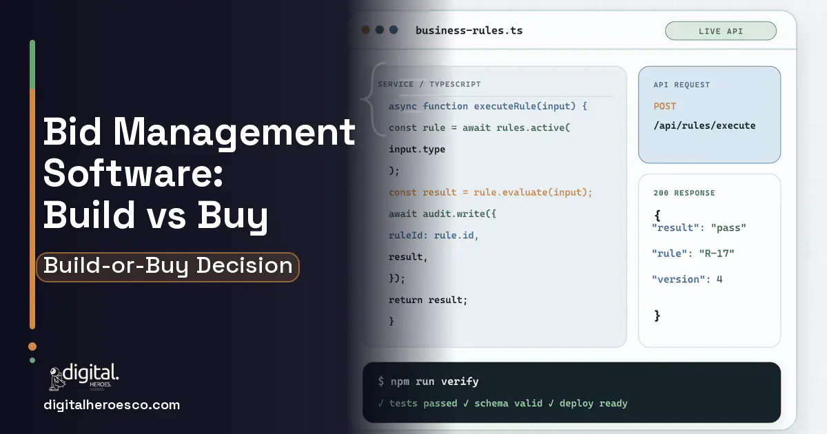 Custom Software Development code editor and API illustration for BID Management Software Build vs Buy Guide.