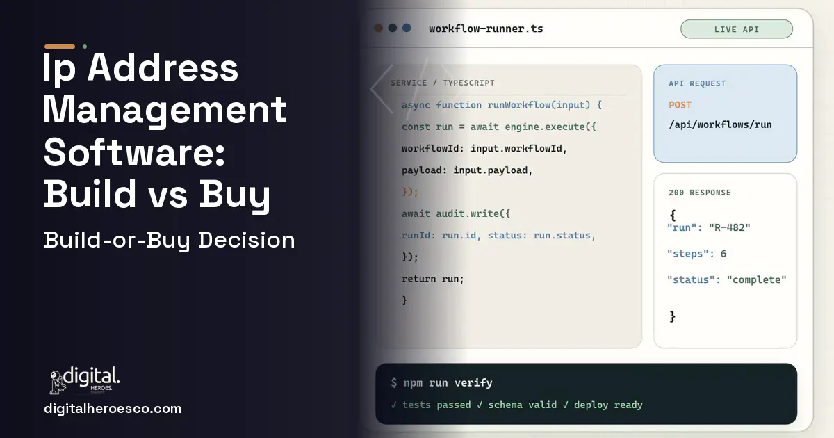 Internal Tools Development code editor and API illustration for IP Address Management Software Build vs Buy Guide.