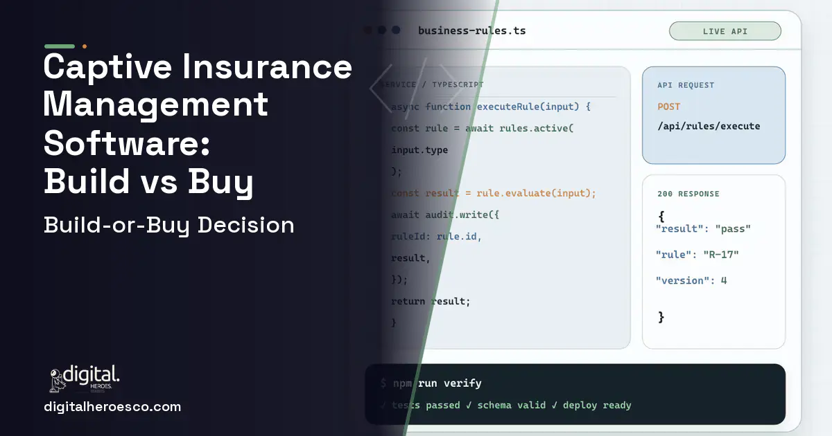 Custom software code editor and API illustration for Captive Insurance Management Software Build vs Buy Guide.