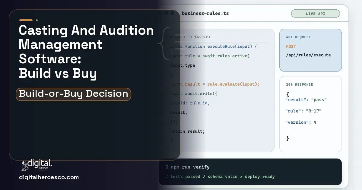 Custom software code editor and API illustration for Casting AND Audition Management Software Build vs Buy Guide.