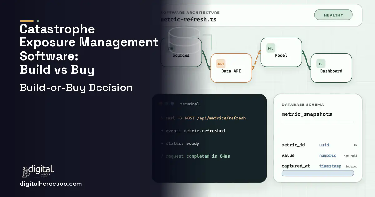 BI dashboard architecture and database illustration for Catastrophe Exposure Management Software Build vs Buy Guide.