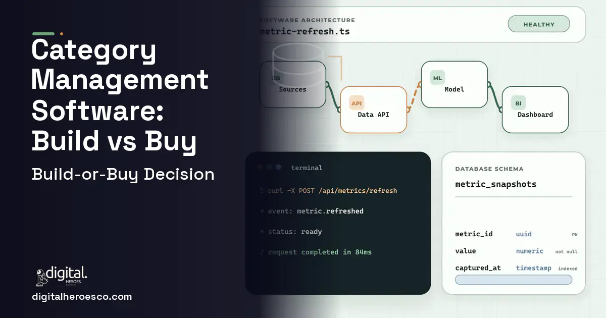 BI Dashboard Development architecture and database illustration for Category Management Software Build vs Buy Guide.