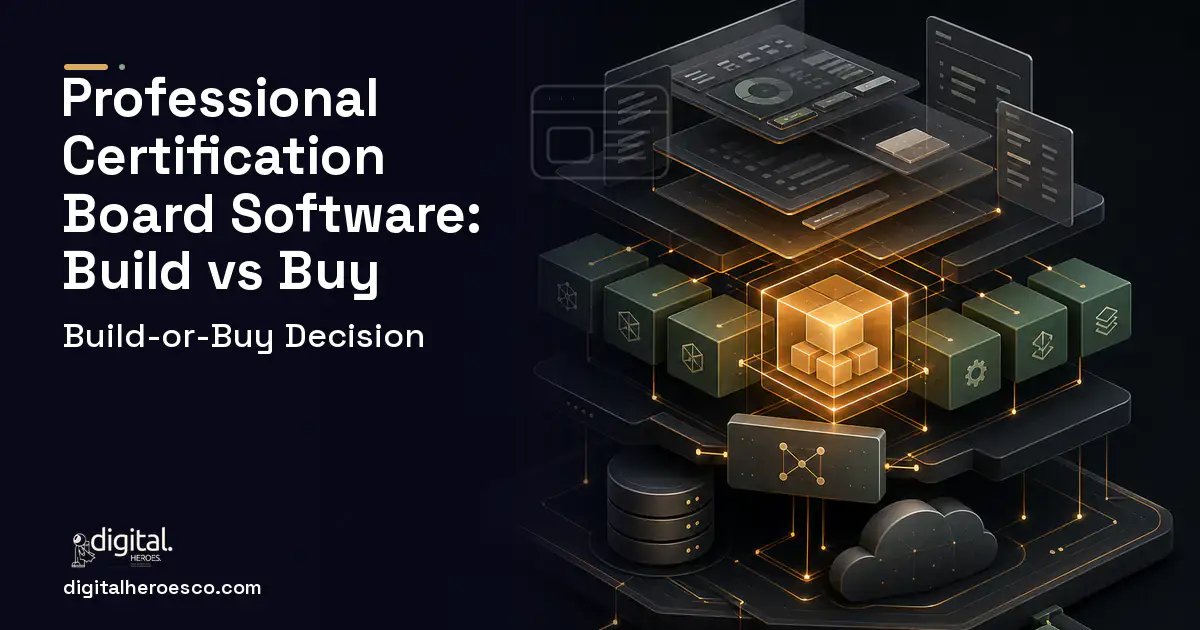 Custom software product interface illustration for Professional Certification Board Software Build vs Buy Guide.
