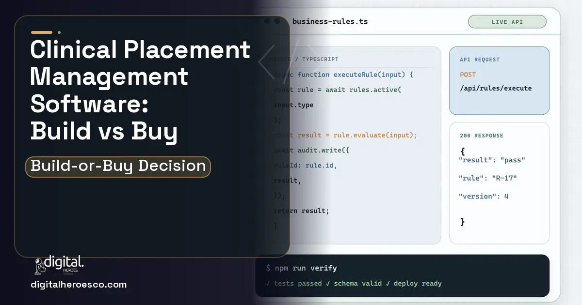 Custom software code editor and API illustration for Clinical Placement Management Software Build vs Buy Guide.