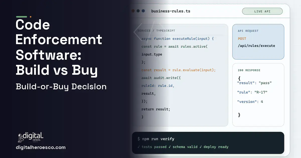 Custom Software Development code editor and API illustration for Code Enforcement Software Build vs Buy Guide.