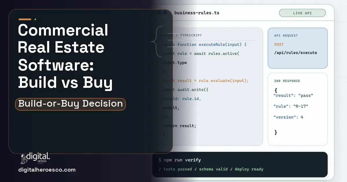 Custom Software Development code editor and API illustration for Commercial Real Estate Software Build vs Buy Guide.